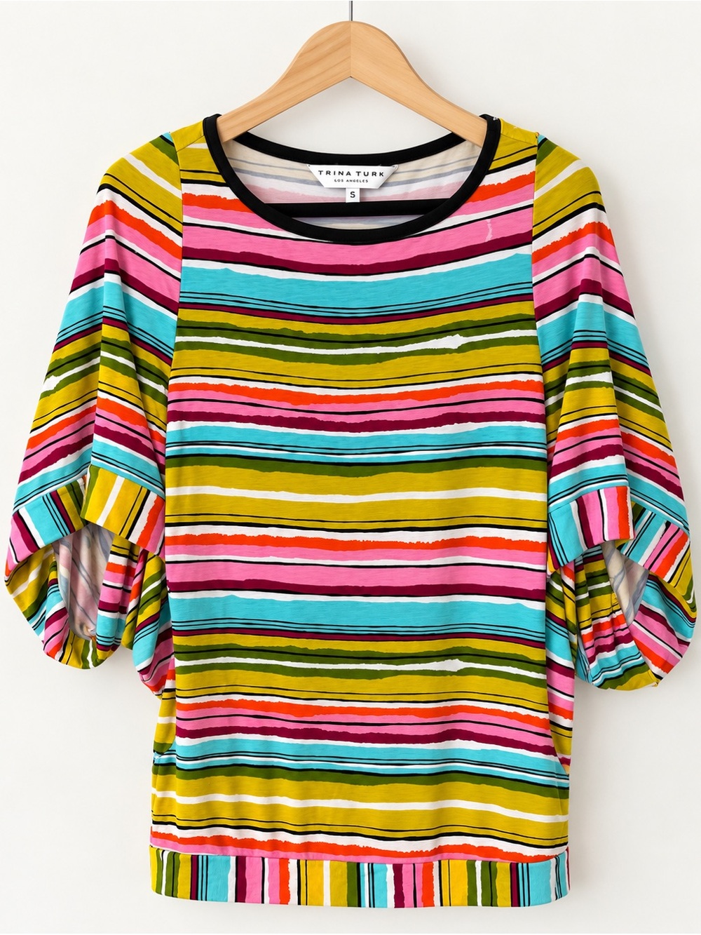 Trina Turk Bright Striped Puff Sleeve Topin Pink, Turquoise & Olive